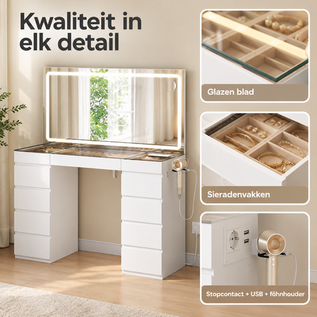 Kaptafel met LED-spiegel, 11 lades, glazen blad, stopcontact en USB, van BukkitBow, stijlvolle make-up tafel.