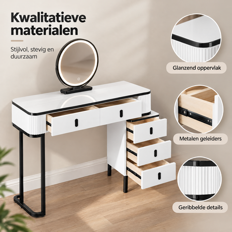 Detail van materiaal en afwerking van kaptafel met led spiegel