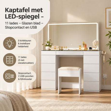 Kaptafel met LED-spiegel, 11 lades, glazen blad, stopcontact en USB-poort, praktisch en stijlvol meubel van BukkitBow