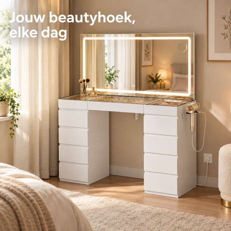 Kaptafel met LED-spiegel, 11 lades, glazen blad, stopcontact en USB, moderne badkamermeubel van BukkitBow.