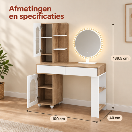 Afmetingen en productspecificaties van kaptafel met LED-spiegel
