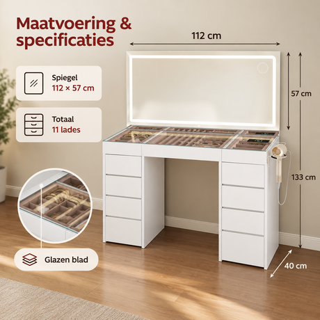Kaptafel met LED-spiegel, 11 lades, glazen blad, stopcontact en USB, van BukkitBow, elegant en functioneel meubelstuk