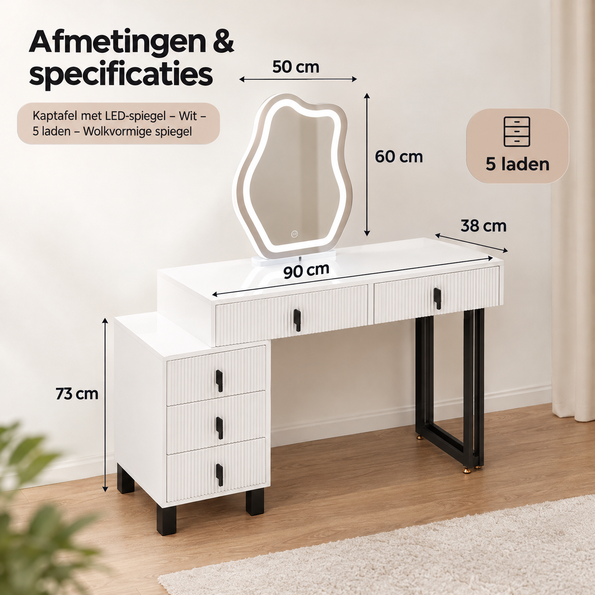 Afmetingen en productspecificaties van kaptafel met LED-spiegel