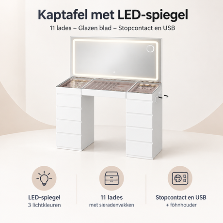 Kaptafel met LED-spiegel van BukkitBow, 11 lades, glazen blad, stopcontact en USB, overzicht van kernvoordelen