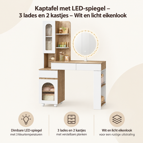 Overzicht van kaptafel met LED-spiegel met de belangrijkste productvoordelen