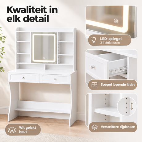 Detail van materiaal en afwerking van kaptafel met LED-verlichting