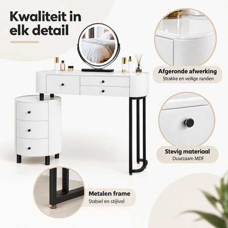 Detail van materiaal en afwerking van kaptafel met LED-verlichting