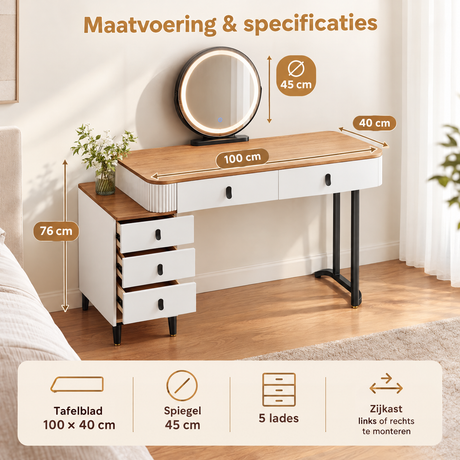 Afmetingen en productspecificaties van kaptafel met LED-verlichting