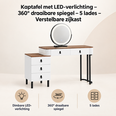Overzicht van kaptafel met LED-verlichting met de belangrijkste productvoordelen