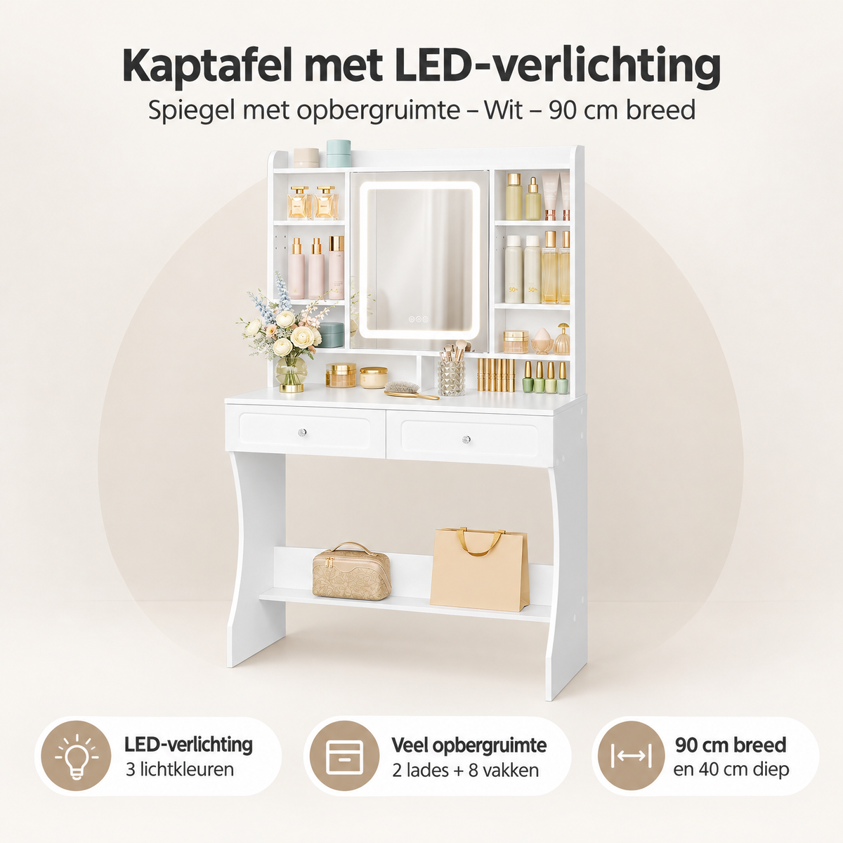 Overzicht van kaptafel met LED-verlichting met de belangrijkste productvoordelen