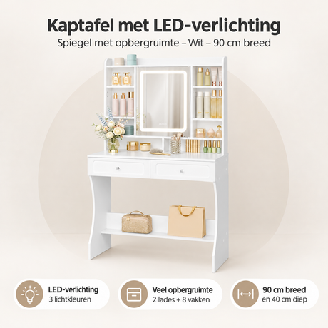 Overzicht van kaptafel met LED-verlichting met de belangrijkste productvoordelen