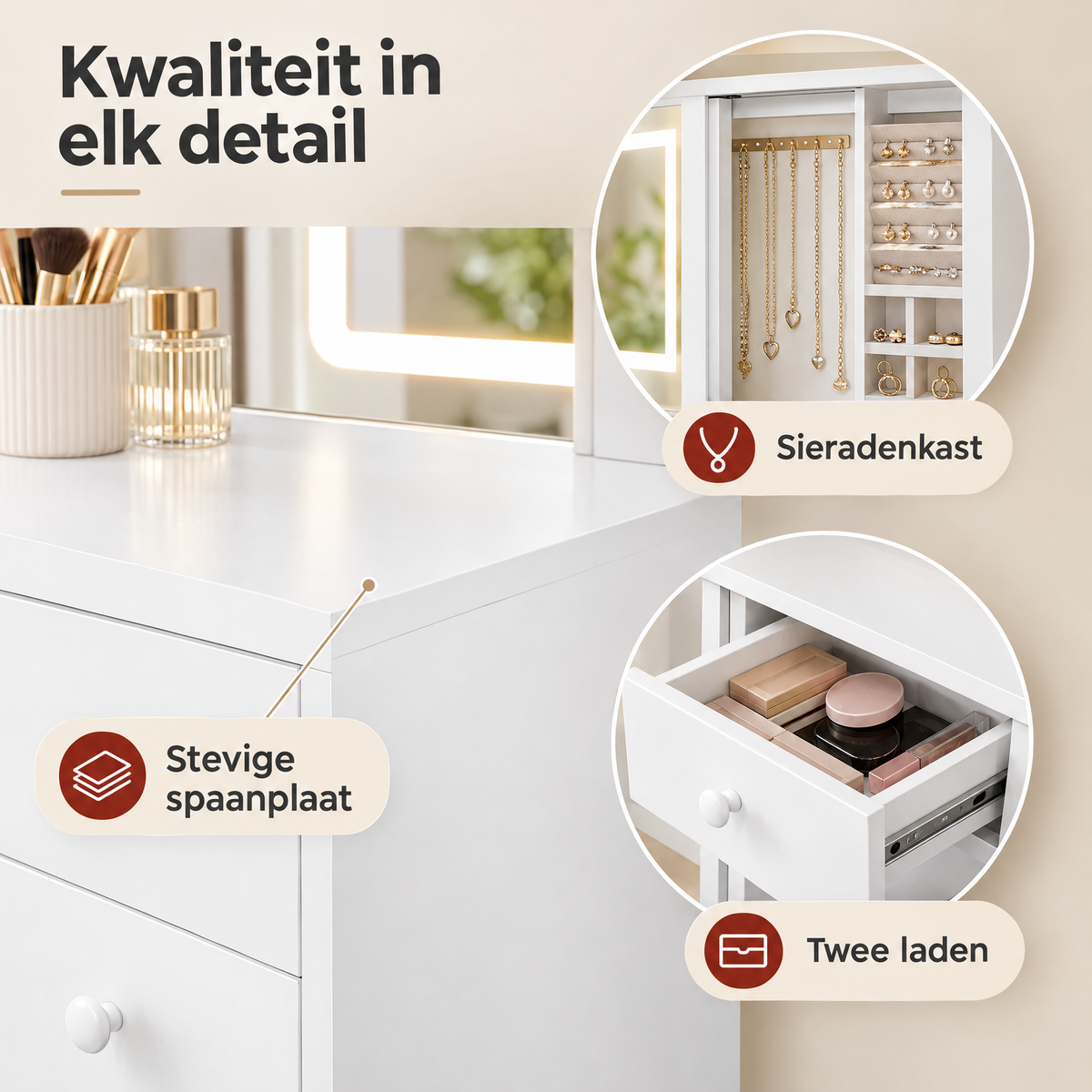 Detail van materiaal en afwerking van kaptafel met schuifspiegel