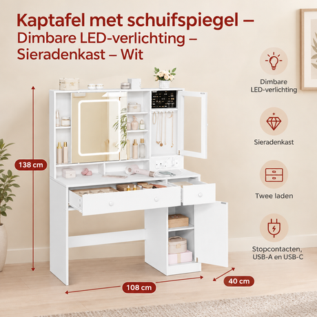 Afmetingen en productspecificaties van kaptafel met schuifspiegel