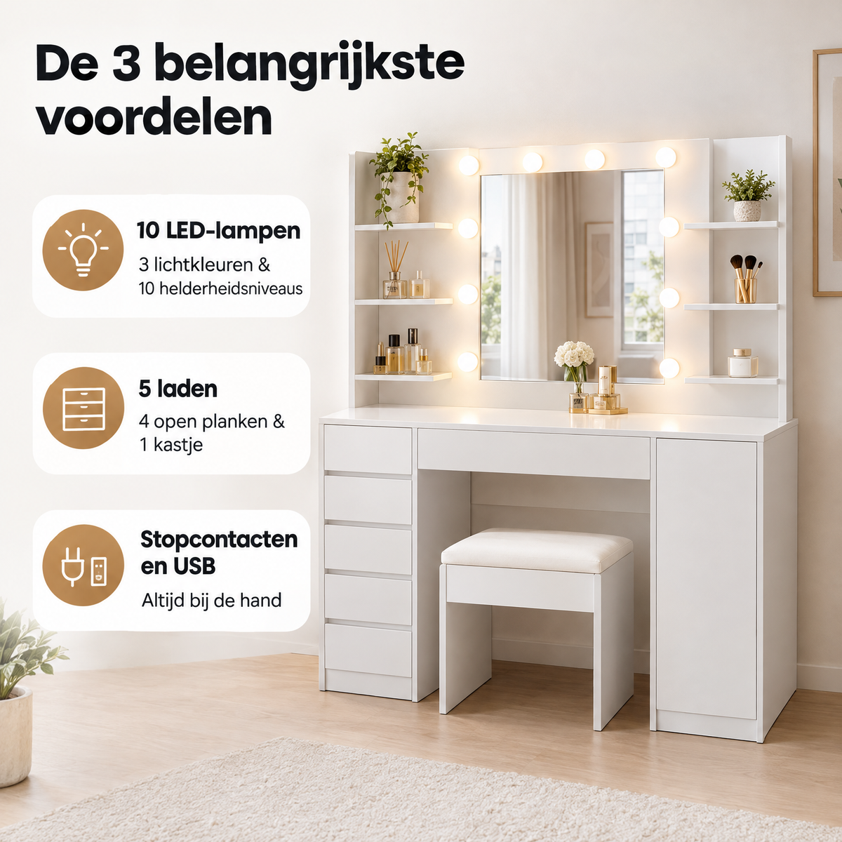 Belangrijkste voordelen en eigenschappen van kaptafel met spiegel en verlichting