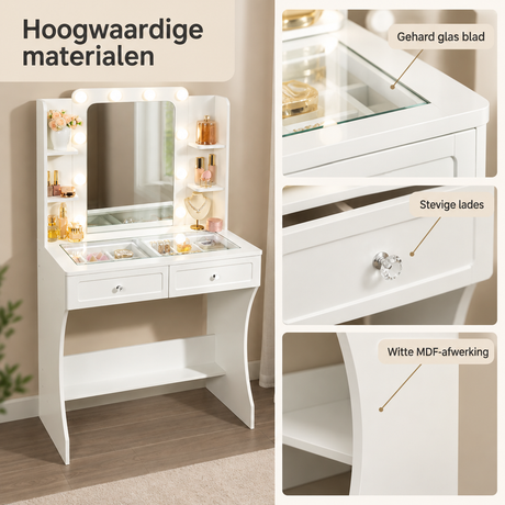 Detail van materiaal en afwerking van kaptafel met spiegel en verlichting