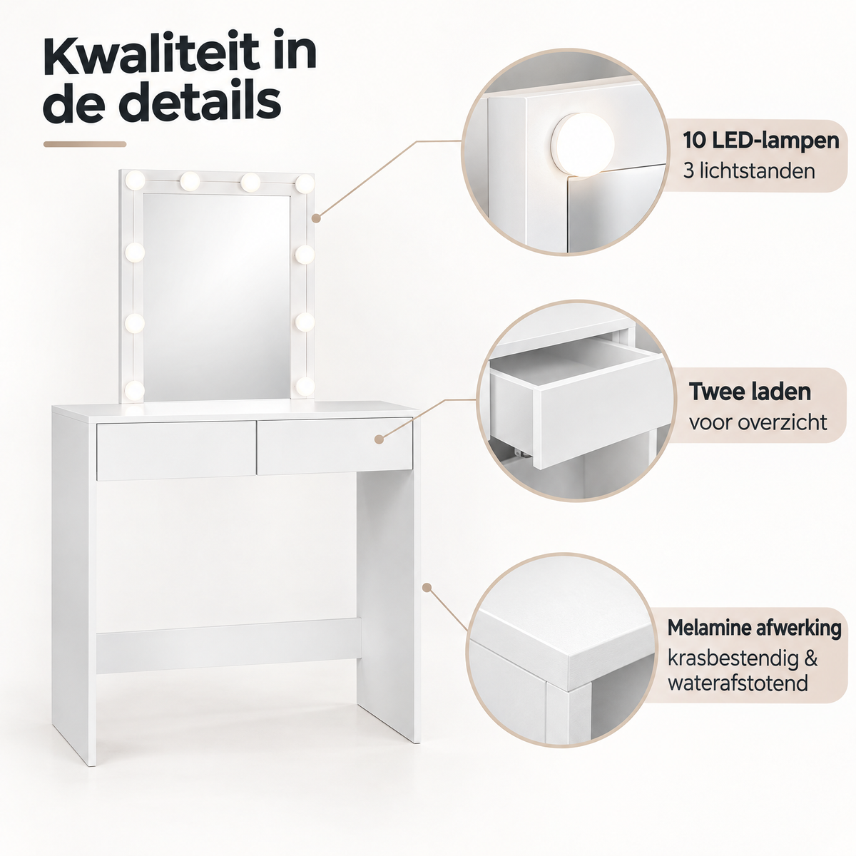 Detail van materiaal en afwerking van kaptafel met spiegel en verlichting