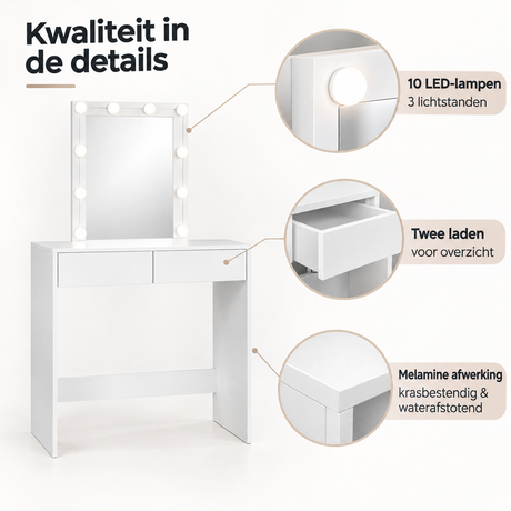 Detail van materiaal en afwerking van kaptafel met spiegel en verlichting
