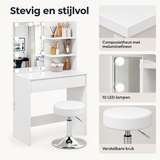 Detail van materiaal en afwerking van kaptafel met spiegel en verlichting