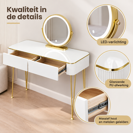 Witte en gouden kaptafel met spiegel, verlichting en twee lades, van BukkitBow, zichtbaar met details van het materiaal.