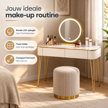 Witte kaptafel met spiegel, verlichting en twee lades van BukkitBow, elegant meubel voor haarstyling en make-up.