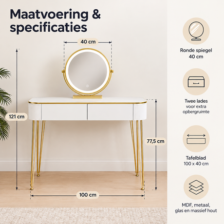 Witte kaptafel met spiegel, verlichting en twee lades, van BukkitBow, elegante garderobetafel voor make-up en accessoires.