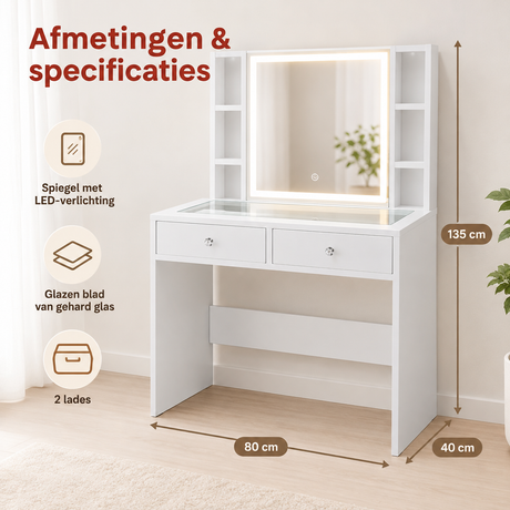 Afmetingen en productspecificaties van kaptafel met spiegel en verlichting