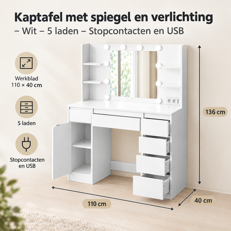 Afmetingen en productspecificaties van kaptafel met spiegel en verlichting