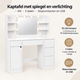 Overzicht van kaptafel met spiegel en verlichting met de belangrijkste productvoordelen