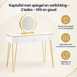 Overzicht van kaptafel met spiegel en verlichting met de belangrijkste productvoordelen