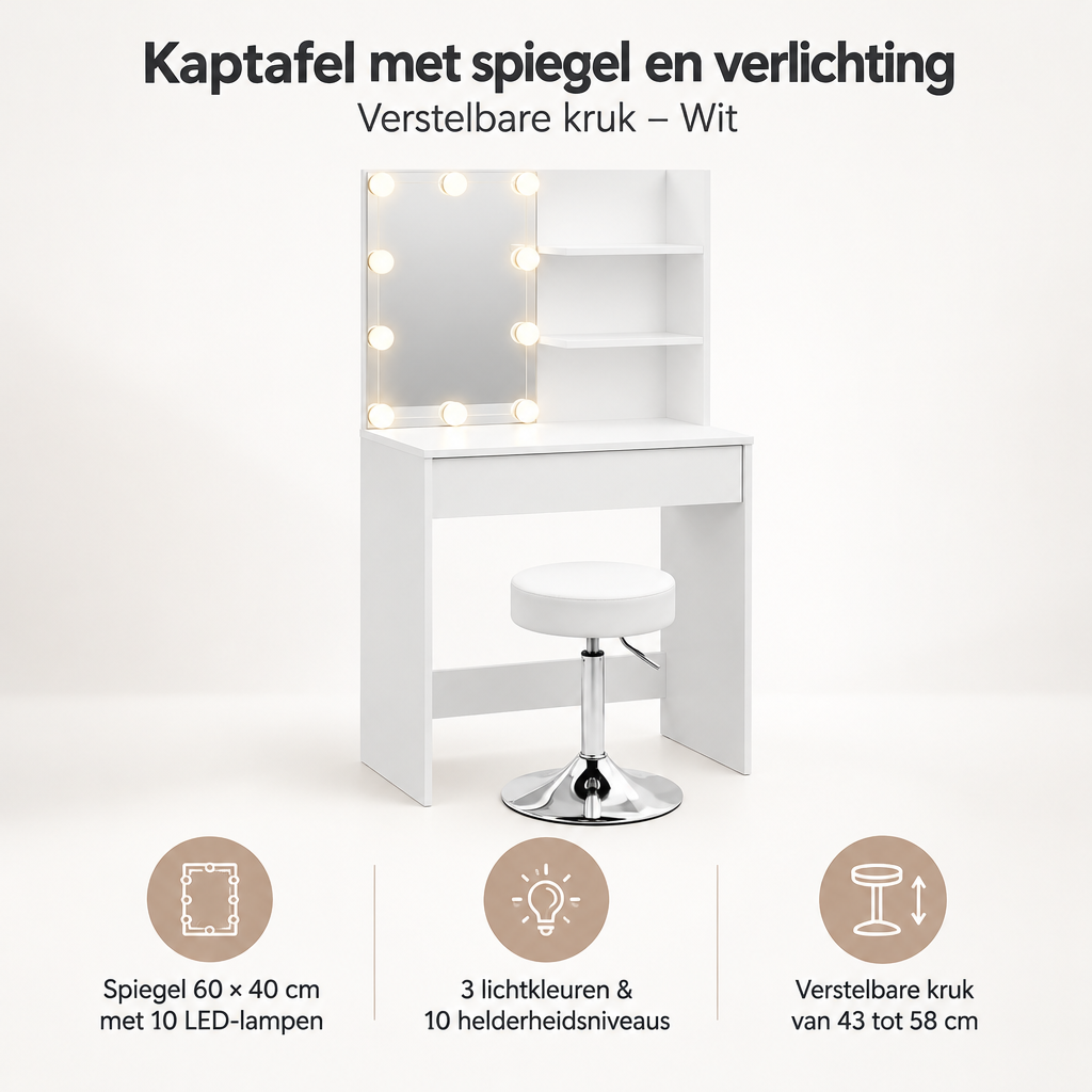 Overzicht van kaptafel met spiegel en verlichting met de belangrijkste productvoordelen