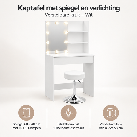 Overzicht van kaptafel met spiegel en verlichting met de belangrijkste productvoordelen