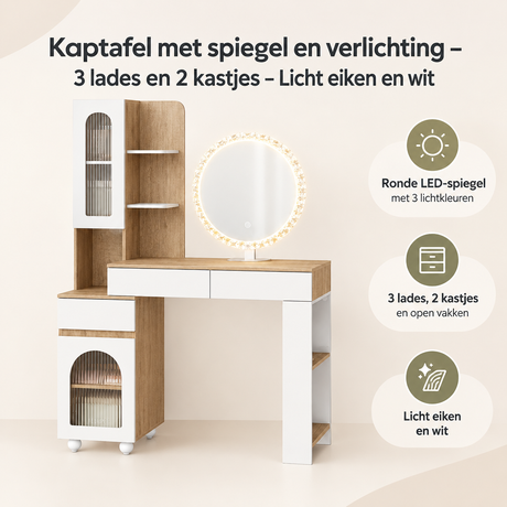 Overzicht van kaptafel met spiegel en verlichting met de belangrijkste productvoordelen