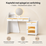 Overzicht van kaptafel met spiegel en verlichting met de belangrijkste productvoordelen