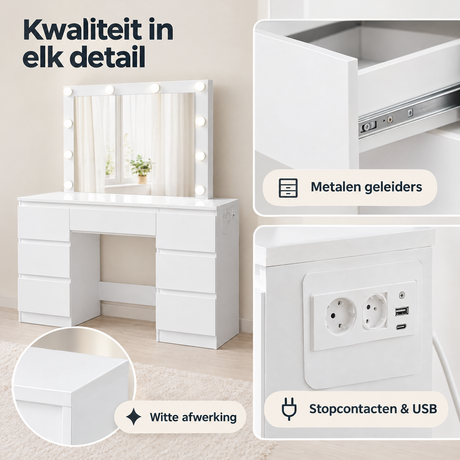 Detail van materiaal en afwerking van kaptafel met stopcontact