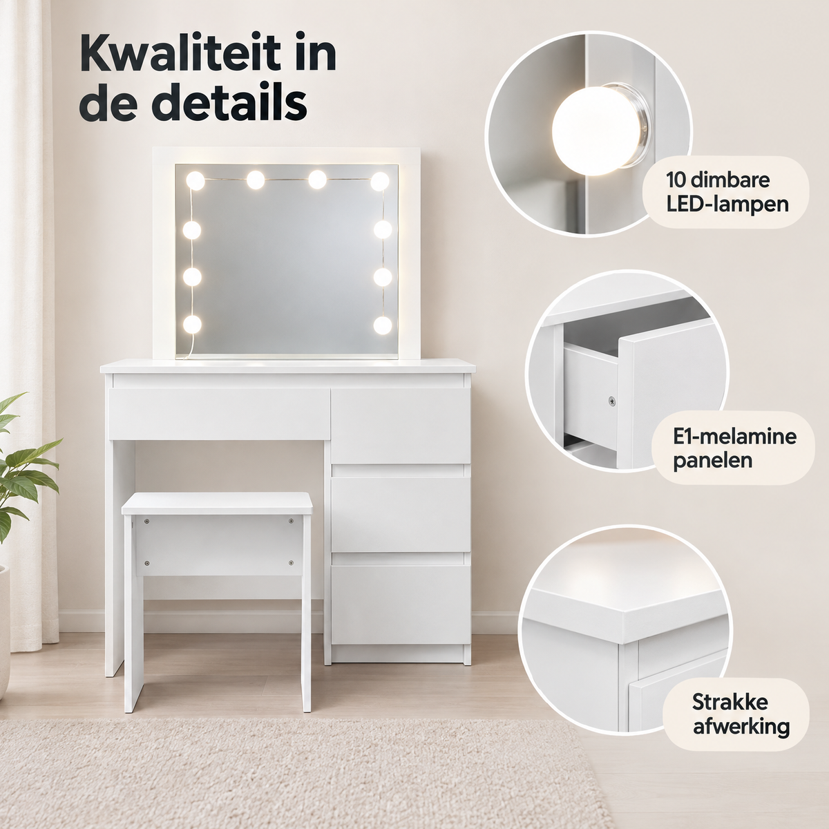 Detail van materiaal en afwerking van kaptafel met verlichting