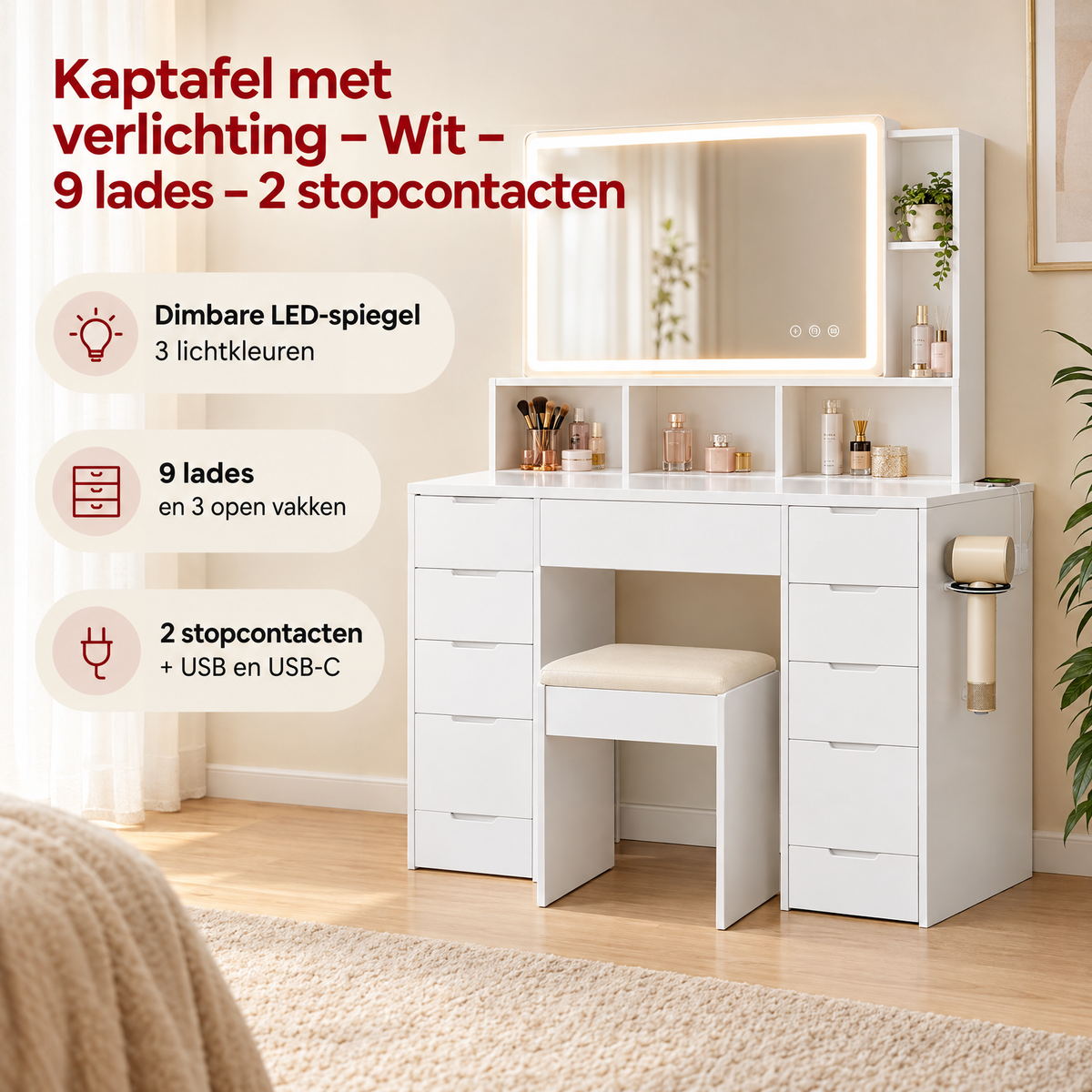 Praktische toepassing en keuzehulp voor kaptafel met verlichting