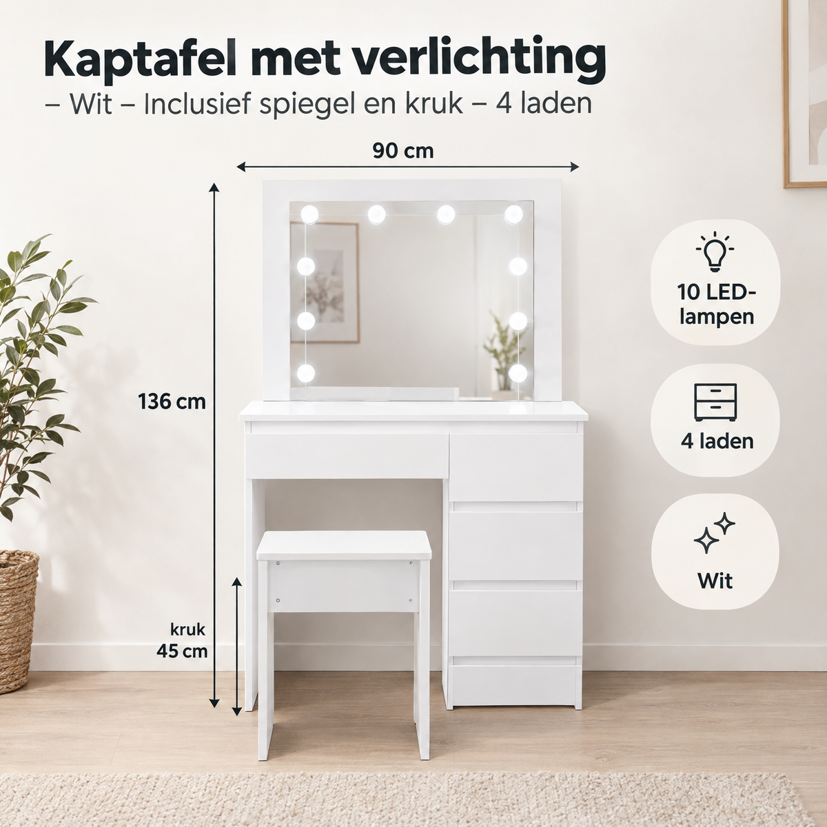 Afmetingen en productspecificaties van kaptafel met verlichting