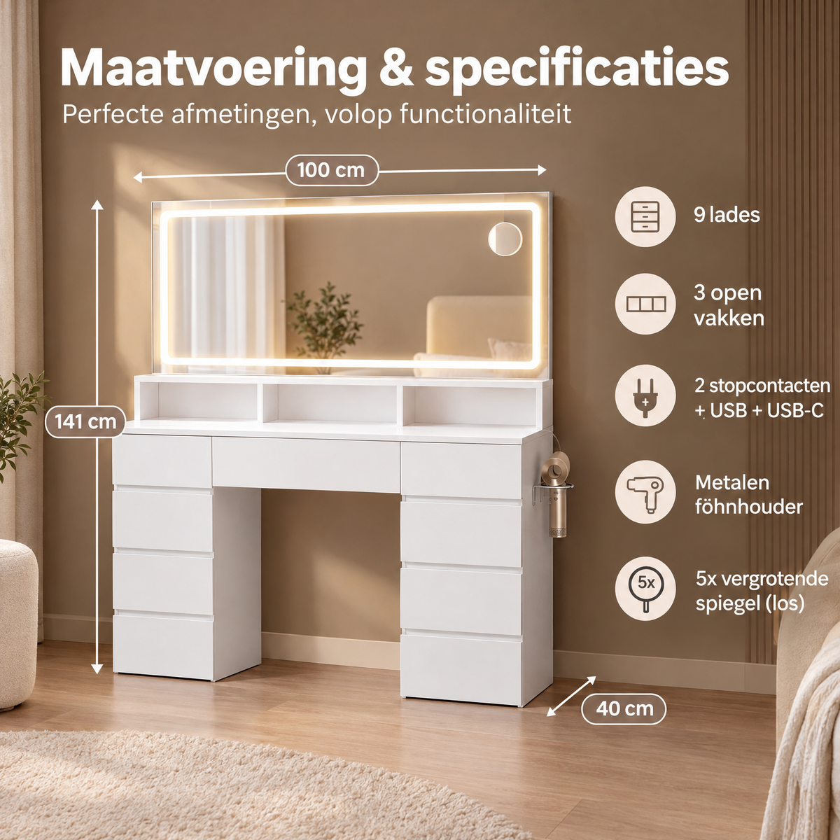 Afmetingen en productspecificaties van kaptafel met verlichting