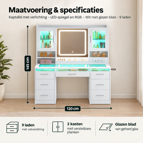 Afmetingen en productspecificaties van kaptafel met verlichting