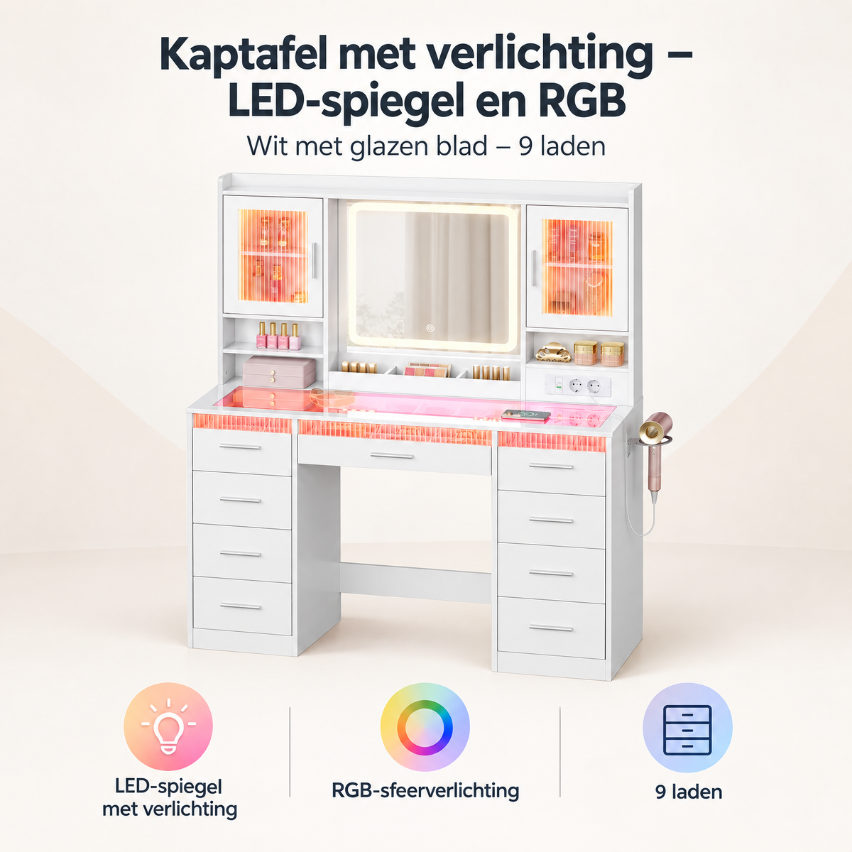 Overzicht van kaptafel met verlichting met de belangrijkste productvoordelen