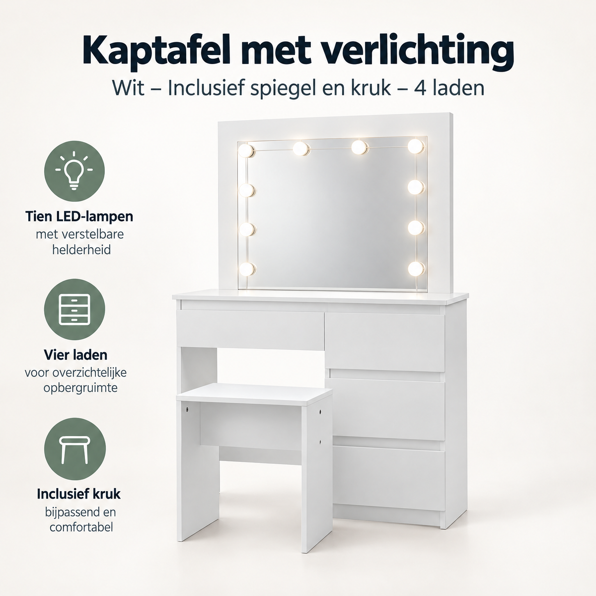Overzicht van kaptafel met verlichting met de belangrijkste productvoordelen