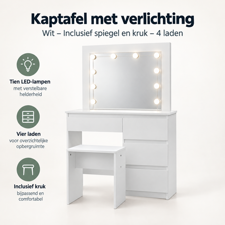 Overzicht van kaptafel met verlichting met de belangrijkste productvoordelen