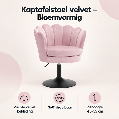 Velvet kaptafelstoel van BukkitBow met bloemvorm, 360° draaibaar en verstelbare zithoogte van 43-55 cm, overzicht van kernvoordelen.