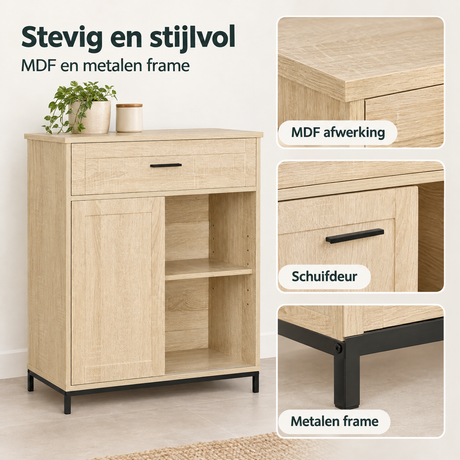 BukkitBow keukenkast met schuifdeur, lade en open vakken, 70 cm breed en 30 cm diep, gedetailleerde materiaalweergave