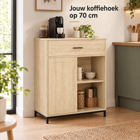 BukkitBow keukenkast met schuifdeur, lade en open vakken, 70 cm breed en 30 cm diep, in een moderne keuken setting