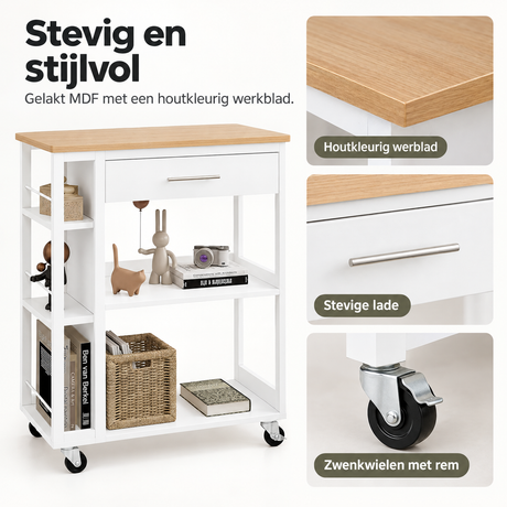 Detail van materiaal en afwerking van keukentrolley met werkblad