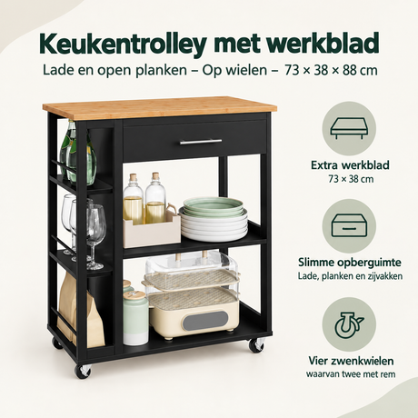 Overzicht van keukentrolley met werkblad met de belangrijkste productvoordelen