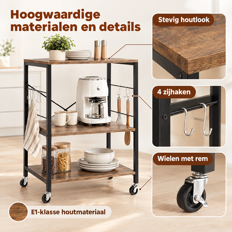 Keukentrolley op wielen van BukkitBow met 3 niveaus, 4 haken en afmetingen 60x40 cm, geschikt voor keukenorganisatie
