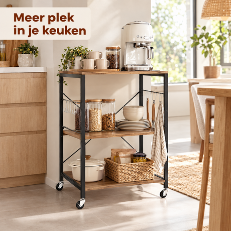 BukkitBow keukentrolley op wielen met 3 niveaus en 4 haken, afmetingen 60x40 cm, geschikt voor keuken en praktische opslag