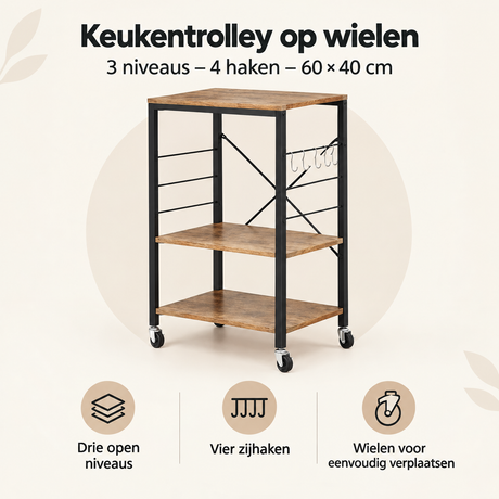 Kleine keukentrolley op wielen met 3 niveaus, 4 haken en afmetingen 60x40 cm, van BukkitBow voor handige keukenopslag.